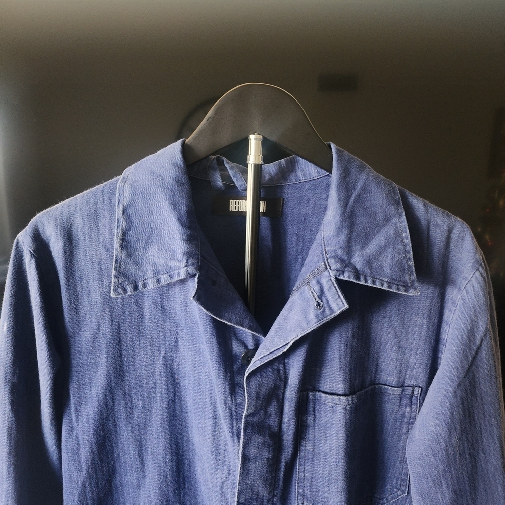 Reformation Chambray Utility Jacket Denim Overshirt Blue Workwear Button Front - Picture 3 of 13
